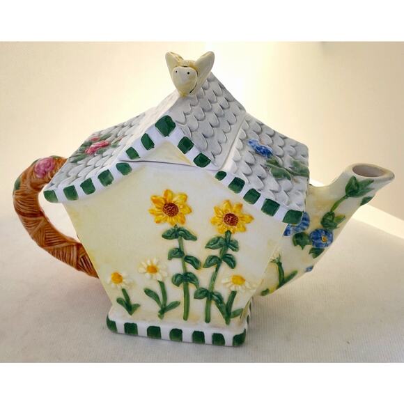 TEAPOT-FLOWERS INC BALLOONS-Bird House Design-Bee-Floral-Holds 3 Cups - Picture 2 of 16